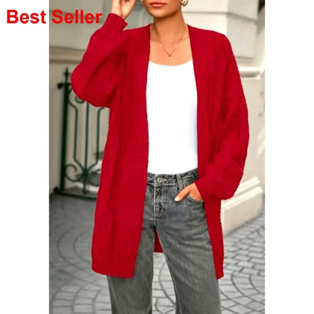 Cable Knit Open Front Chunky Cardigan Lantern Sleeve Oversized Sweater